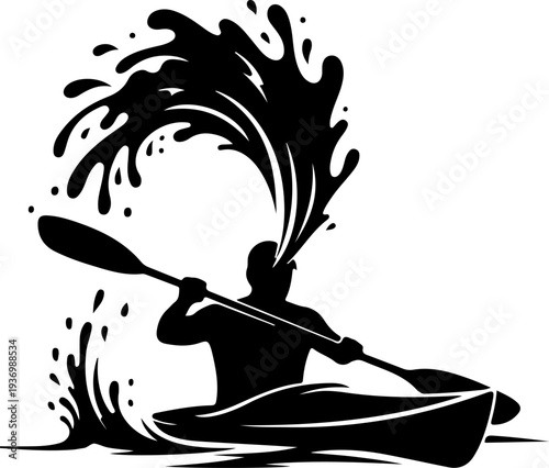 Vector silhouette of kayaker paddling with splash