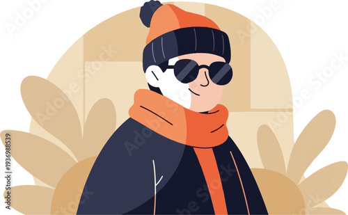 Flat illustration of a person in winter attire with sunglasses, wearing a beanie, scarf, and coat