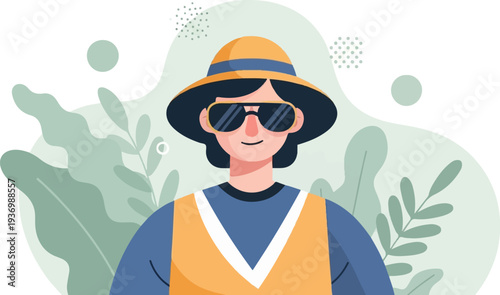 A person in a hat and sunglasses smiles amidst stylized foliage