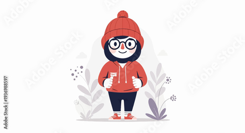 Whimsical character in red beanie and hoodie, with glasses and beard, surrounded by plants