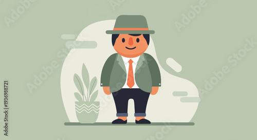 A charmingly illustrated man in a hat, suit, and tie stands beside a potted plant