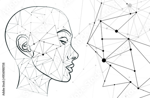 Abstract human head consists of connected dots, lines, and polygons flows into the wires of a circuit. The silhouette of a cyborg in low poly blue. face concept. Business concept background.