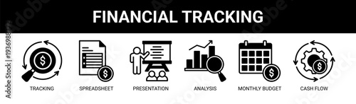 Financial Tracking web banner icon vector illustration concept with icons of tracking, spreadsheet, presentation, analysis, monthly budget, and cash flow.