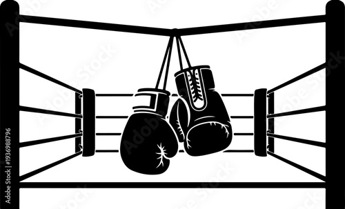 Vector illustration of boxing gloves hanging in a boxing ring