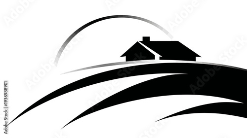 Black and white abstract landscape with a house silhouette under a semi-circle gradient