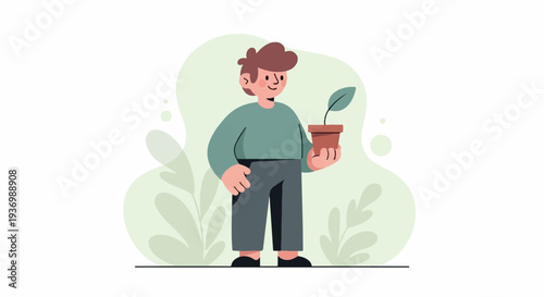 A person holding a potted plant with lush green foliage in the background