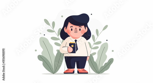 Chubby cartoon character in a shirt and tie holding a book, surrounded by plants