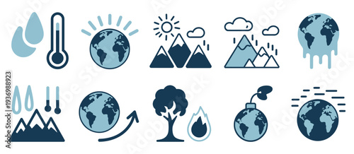 Climate change icon set, global warming symbol isolated on white background, vector illustration representing rising temperatures, environmental impact