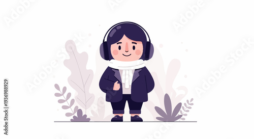 A cute cartoon person in headphones and scarf stands amidst stylized plants