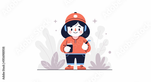 Cheerful cartoon character in casual wear, wearing headphones, holding a hot beverage and a marker