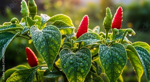 Close up of vibrant chili peppers on a plant with water droplets in sunlight
