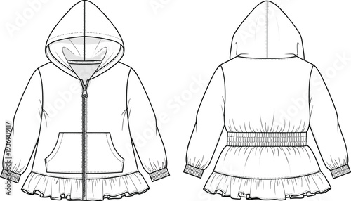 Children’s hooded jacket, front zipper, kangaroo pocket, ruffled hem, elastic waistband, fashion illustration, technical sketch, garment construction, apparel design, clothing template