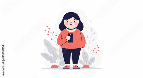 A person holding a smartphone, surrounded by stylized plants and berries