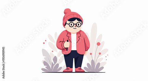 A person in a pink beanie and jacket, holding a stylus, stands amidst stylized flora