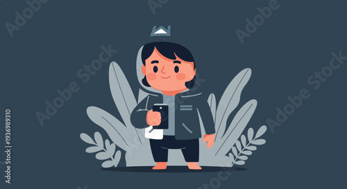 A charming cartoon person with a crown and phone, surrounded by stylish plants