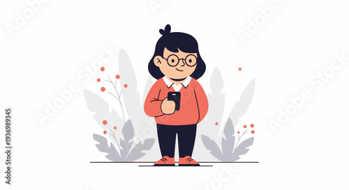 Person with glasses holds phone amidst stylized plants and berries