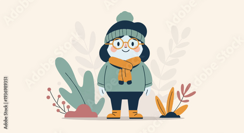 A person in winter clothes with glasses, hat, and scarf, surrounded by plants