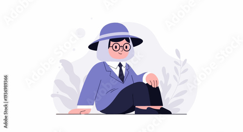 A stylized character in a suit and hat sits peacefully