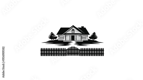 A monochrome illustration of a house with trees and a fence in front of a white background