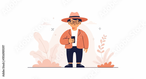 A person wearing a hat and glasses holds a phone amidst stylized foliage and clouds