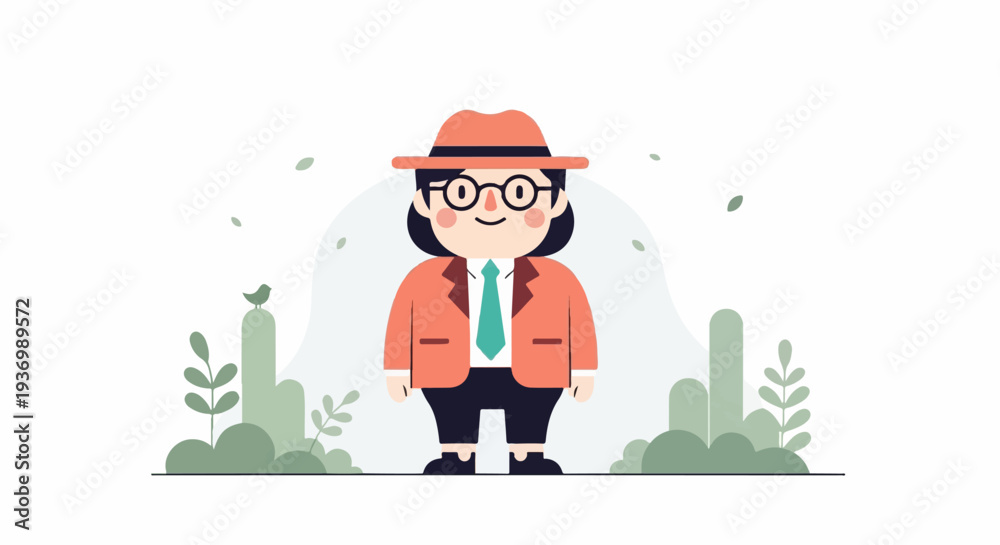 Fototapeta premium Whimsical character in coral suit and hat with nature elements