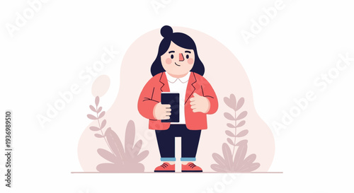Cheerful person in a red blazer holding a dark tablet, with stylized plants