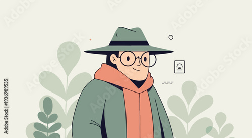 Animated portrait of person wearing hat, glasses, and scarf amidst stylized foliage
