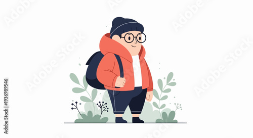 A cheerful person in a hat and glasses stands with a backpack amongst whimsical plants