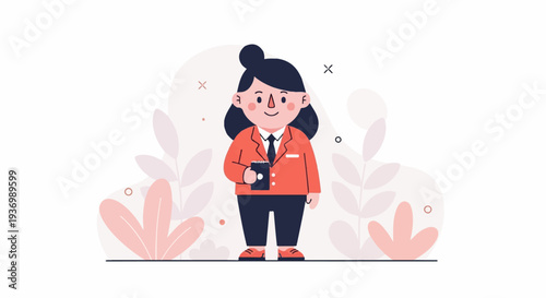 A cheerful, stylized person in an orange blazer and tie holds a book, surrounded by soft, abstract plant shapes