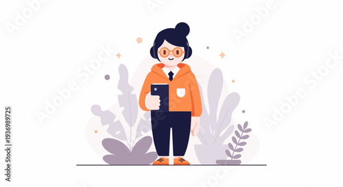 Person with headphones and device, surrounded by abstract foliage