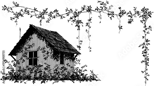 Black and white illustration of a small shed covered in vines. Foliage surrounds building