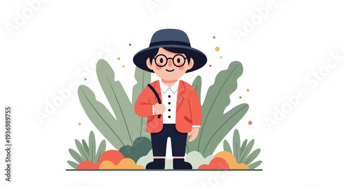 Cute cartoon person with round glasses, hat, and jacket, amid greenery