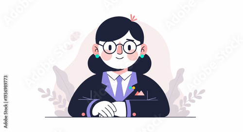 A stylized illustration of a woman in a suit, with dark hair, glasses, and earrings, seated