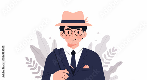 Stylized illustration of a man in a suit and fedora hat, smiling warmly