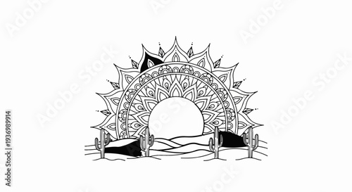 Stylized desert sunset with sun mandala and cacti