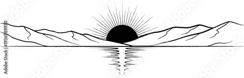 Stylized sunburst over mountains reflected in calm water