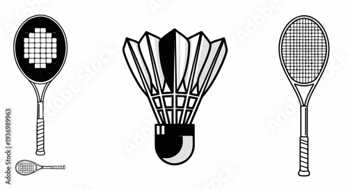 Three rackets and one shuttlecock on a white background