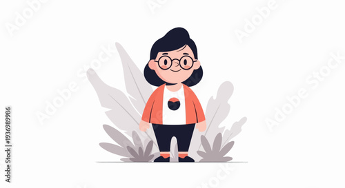 A cartoon girl with glasses and dark hair stands centered