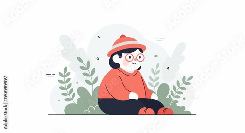 A cute, round figure with glasses and a hat sits contentedly amidst stylized foliage