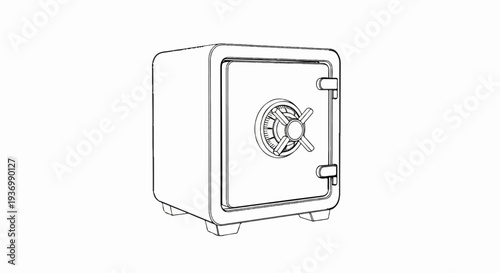 A black and white line drawing of a modern safe with a dial lock