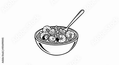 A black and white illustration of a bowl of rice and shrimp with a spoon