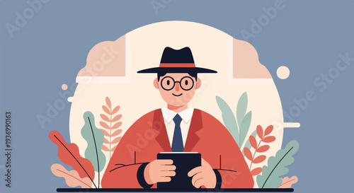 A man in a hat and suit holds a tablet, surrounded by stylized leaves and soft shapes