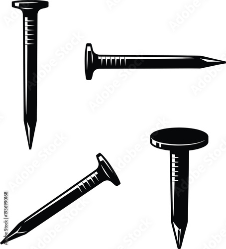 Black and white illustration of four nails in different orientations