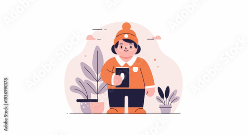A person in an orange outfit and beanie holds a book, surrounded by potted plants and abstract shapes