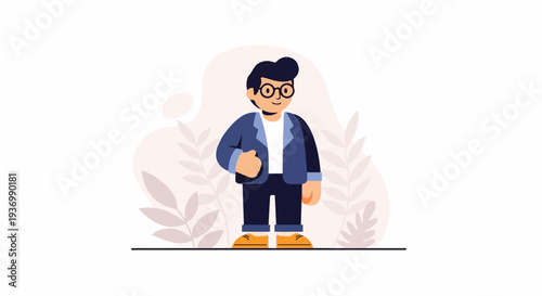 Stylized male figure with glasses and casual attire, set against soft natural elements