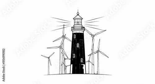 A black lighthouse emits light rays surrounded by numerous wind turbines