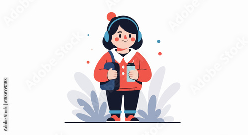 Cheerful child with headphones and drink enjoys a vibrant day outdoors