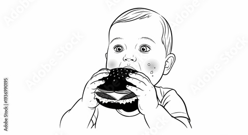 A close-up, stylized black and white illustration of a baby eagerly eating a large hamburger