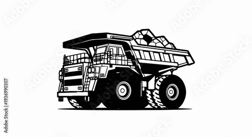 A large, black and white illustration of a mining dump truck