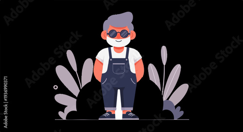 A stylish figure with grey hair, sunglasses, and overalls stands amidst abstract foliage on a black background